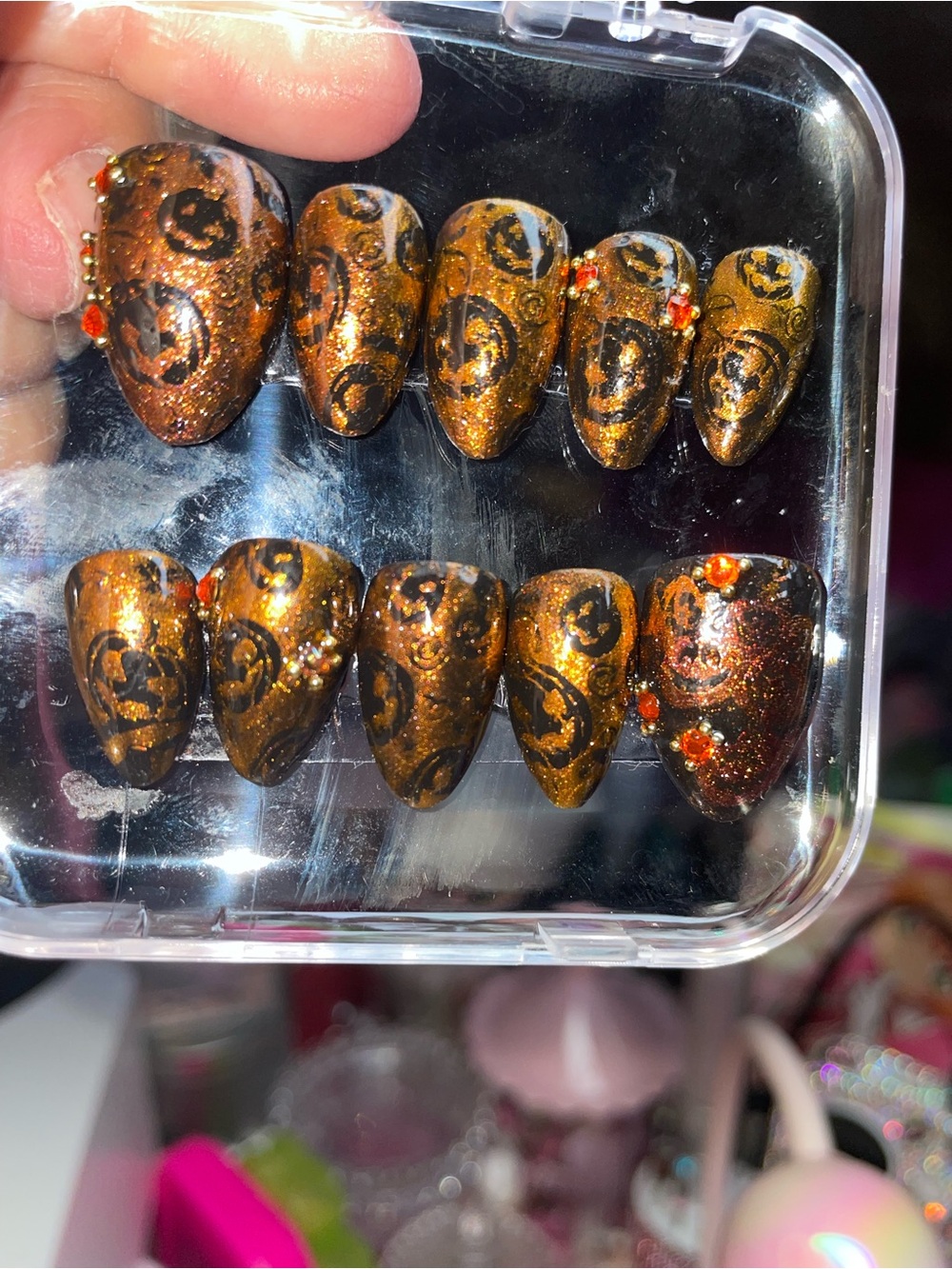 Glittery Bronze Pumpkin Press-On Nails with Orange Gem Accents